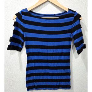 Womens Papermoon Blue & Black Striped Top with Cut-Out Sleeves Size M